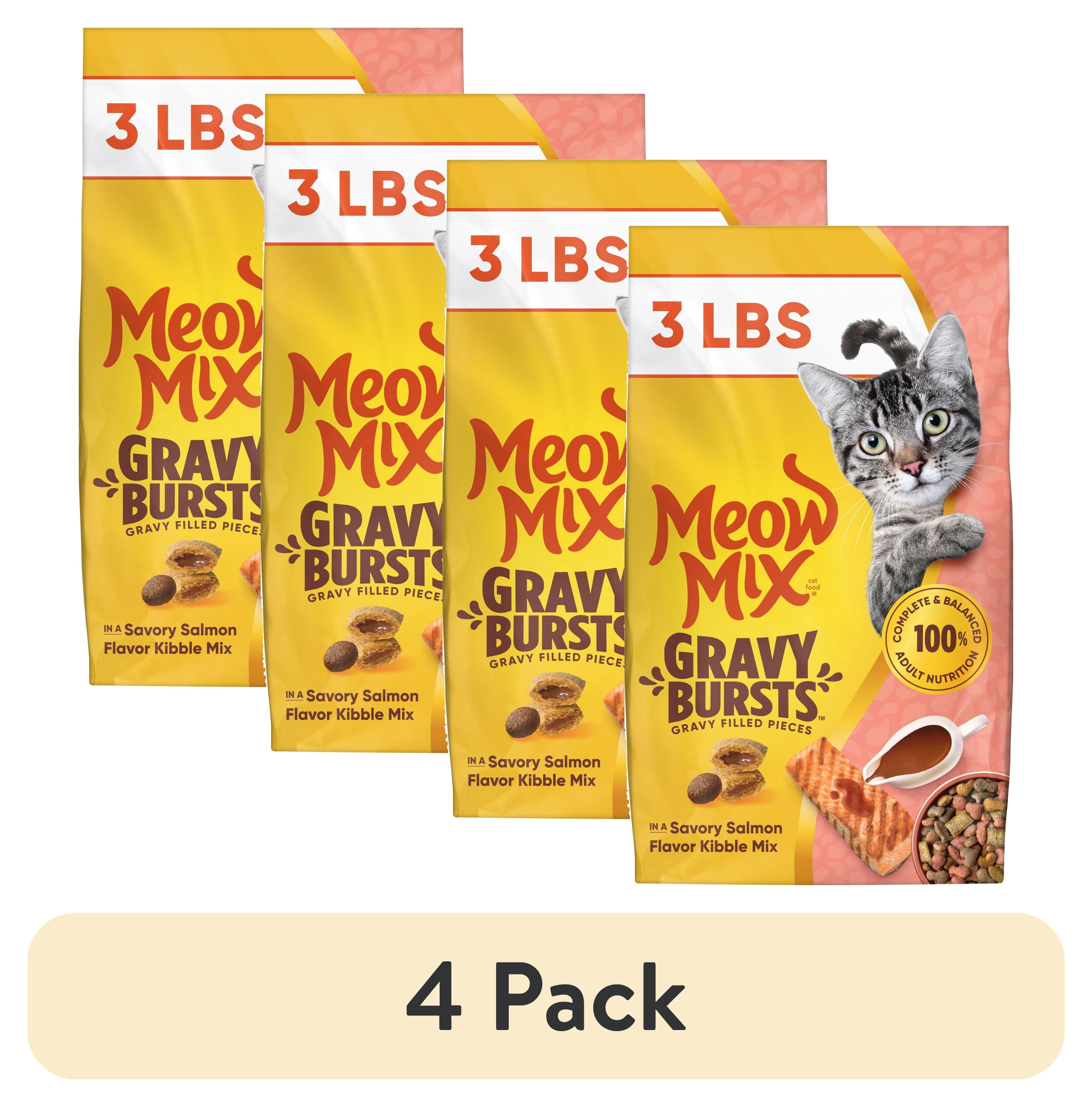 (4 pack) Meow Mix Gravy Bursts, Savory Salmon Flavor Kibble Mix, Gravy Filled Dry Cat Food, 3 lb. Bag