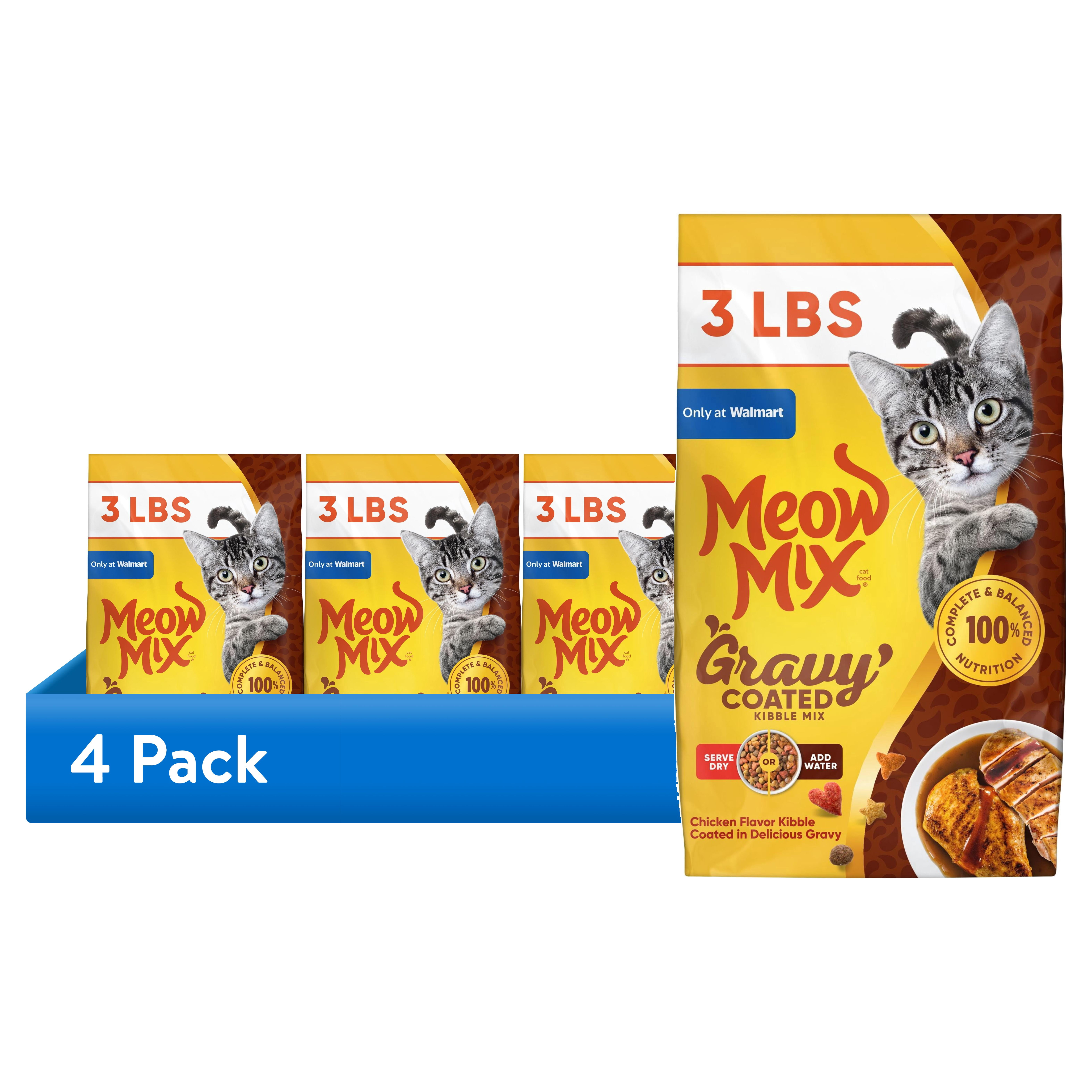 (4 pack) Meow Mix Gravy Coated Kibble Mix, Chicken Flavor Dry Cat Food, 3 Lb. Bag