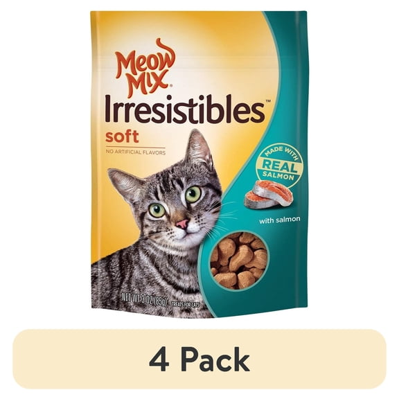 (4 pack) Meow Mix Irresistibles Cat Treats, Soft with Salmon, 3-Ounce Bag