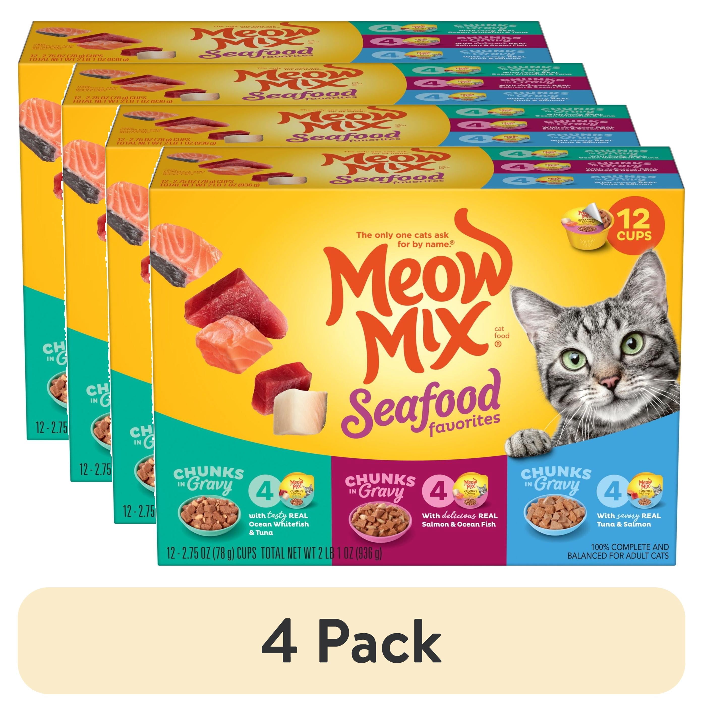(4 pack) Meow Mix Savory Morsels Seafood Favorites Variety Pack, 2.75 oz Can (12 Pack)