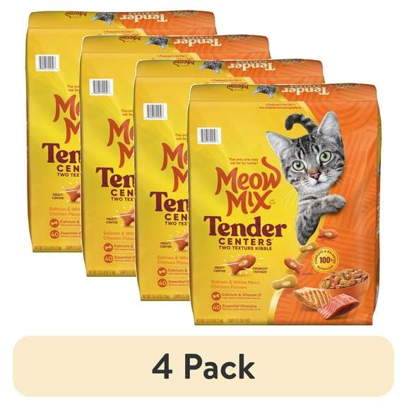 (4 pack) Meow Mix Tender Centers, Salmon & White Meat Chicken Flavors, Dry Cat Food, 13.5 lb. Bag