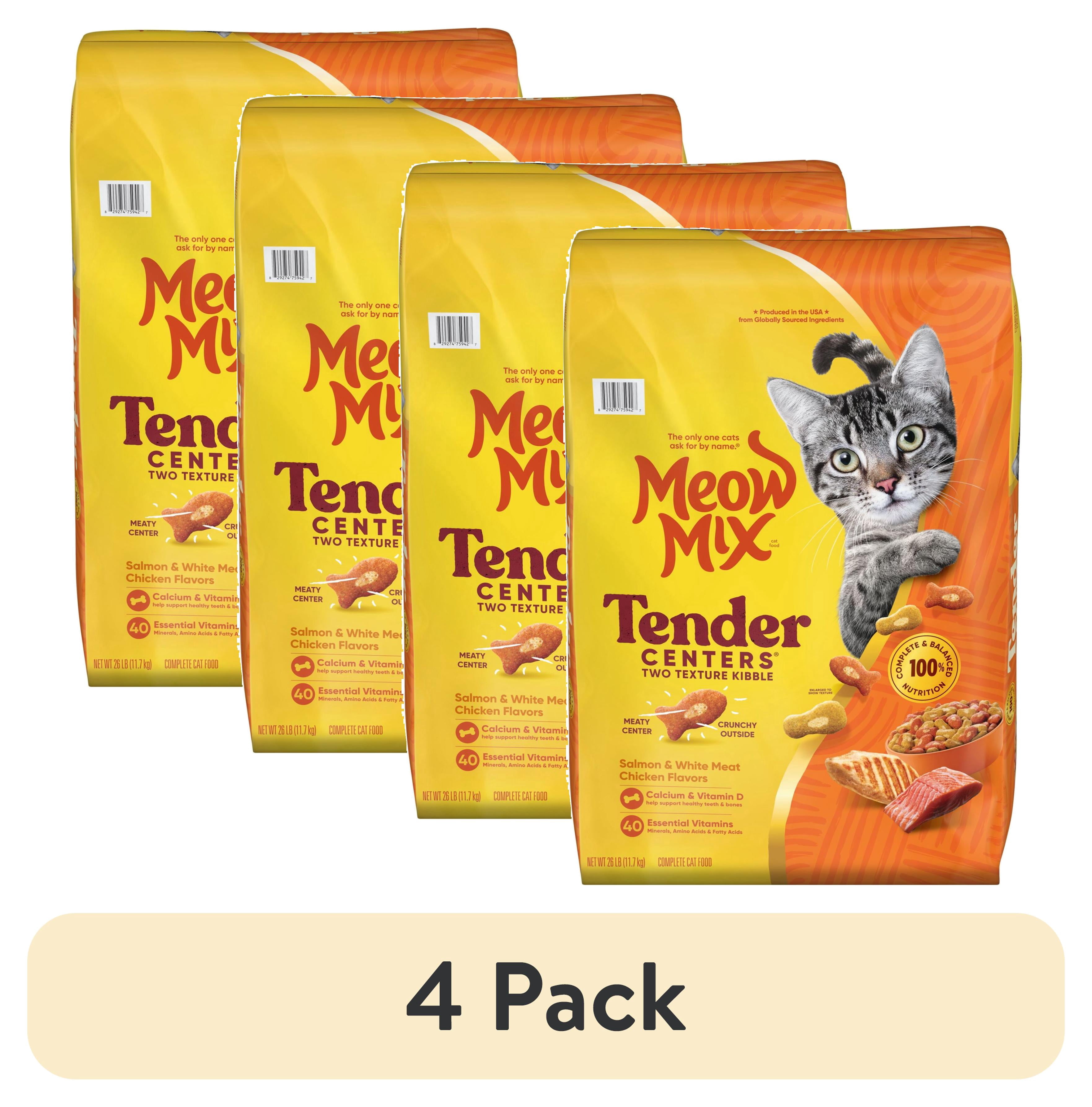 (4 pack) Meow Mix Tender Centers Dry Cat Food, Salmon & White Meat Chicken Flavors, 26 lb Bag