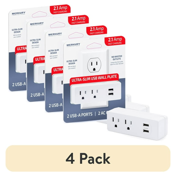 (4 pack) Merkury Innovations Ultra-Slim Wall Tap - 2 AC Outlets, 2 USB-A Ports, 2.1 Amps Fast Charging, Electrical Outlet Extender Wall Tap for Home