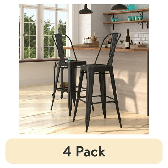 (4 pack) Merrick Lane Black 30" High Metal Bar Height Stool with Removable Back for Indoor-Outdoor Use