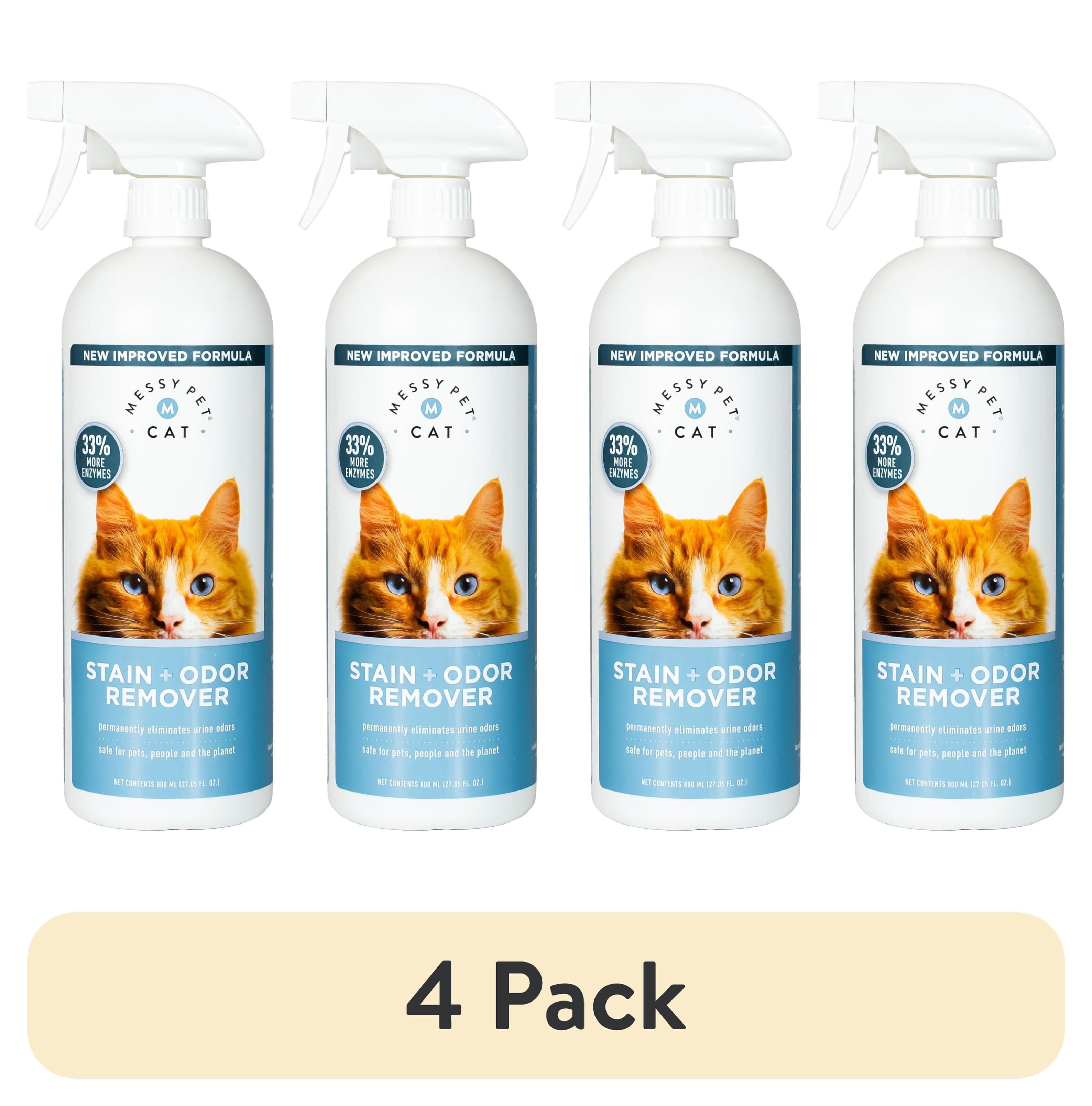 (4 pack) Messy Pet Cat Stain + Odor Remover Cleans Urine Smells from Carpet, Couch, Mattress - 27 oz