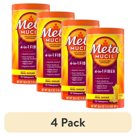 (4 pack) Metamucil Psyllium Fiber Powder, Real Sugar Orange, GLP-1 Friendly Fiber>, 72 Tbsp