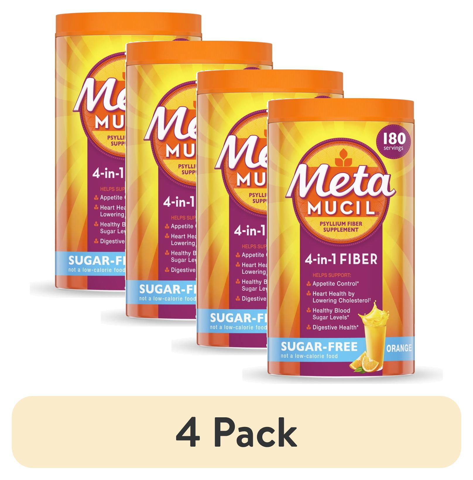 (4 pack) Metamucil Fiber Supplement, Sugar Free Fiber Powder for Digestive Health, Orange, 180 Servings