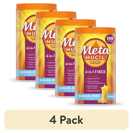 (4 pack) Metamucil Fiber Supplement, Sugar Free Fiber Powder for Digestive Health, Orange, 180 Servings