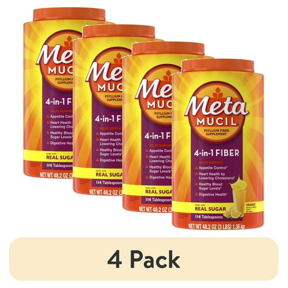 (4 pack) Metamucil 4-in-1 Psyllium Fiber Supplement, Real Sugar Orange,114Tbsp