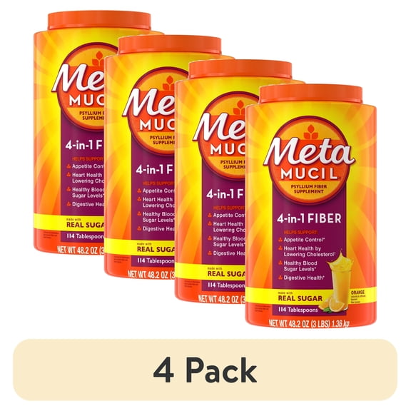 (4 pack) Metamucil 4-in-1 Psyllium Fiber Supplement, Real Sugar Orange,114Tbsp