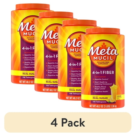 (4 pack) Metamucil Psyllium Fiber Powder, Real Sugar, Orange, GLP-1 Friendly Fiber>, 114 Tbsp