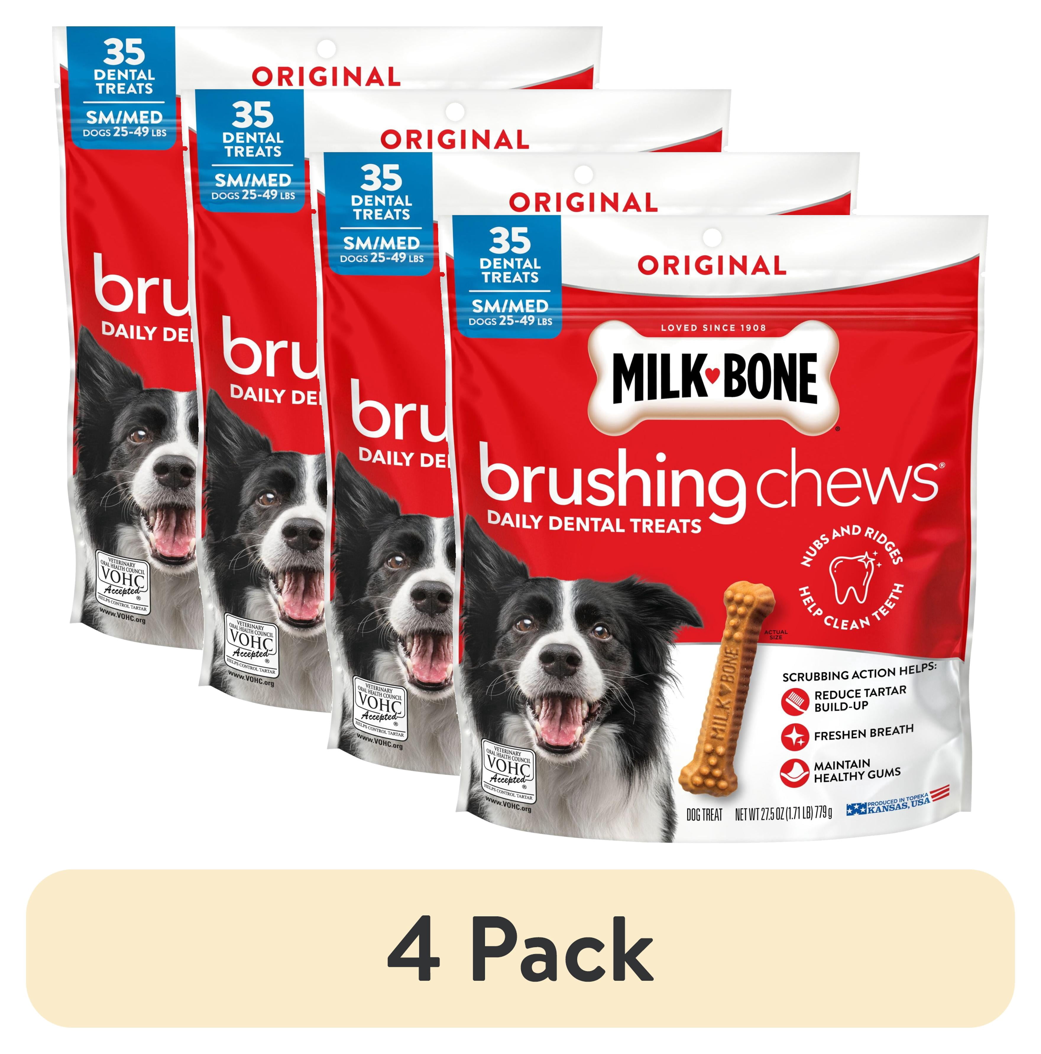 (4 pack) Milk Bone Brushing Chews Original Chicken Flavor Daily Dental Dog Treats, Small/Medium, 27.5 Ounce Bag