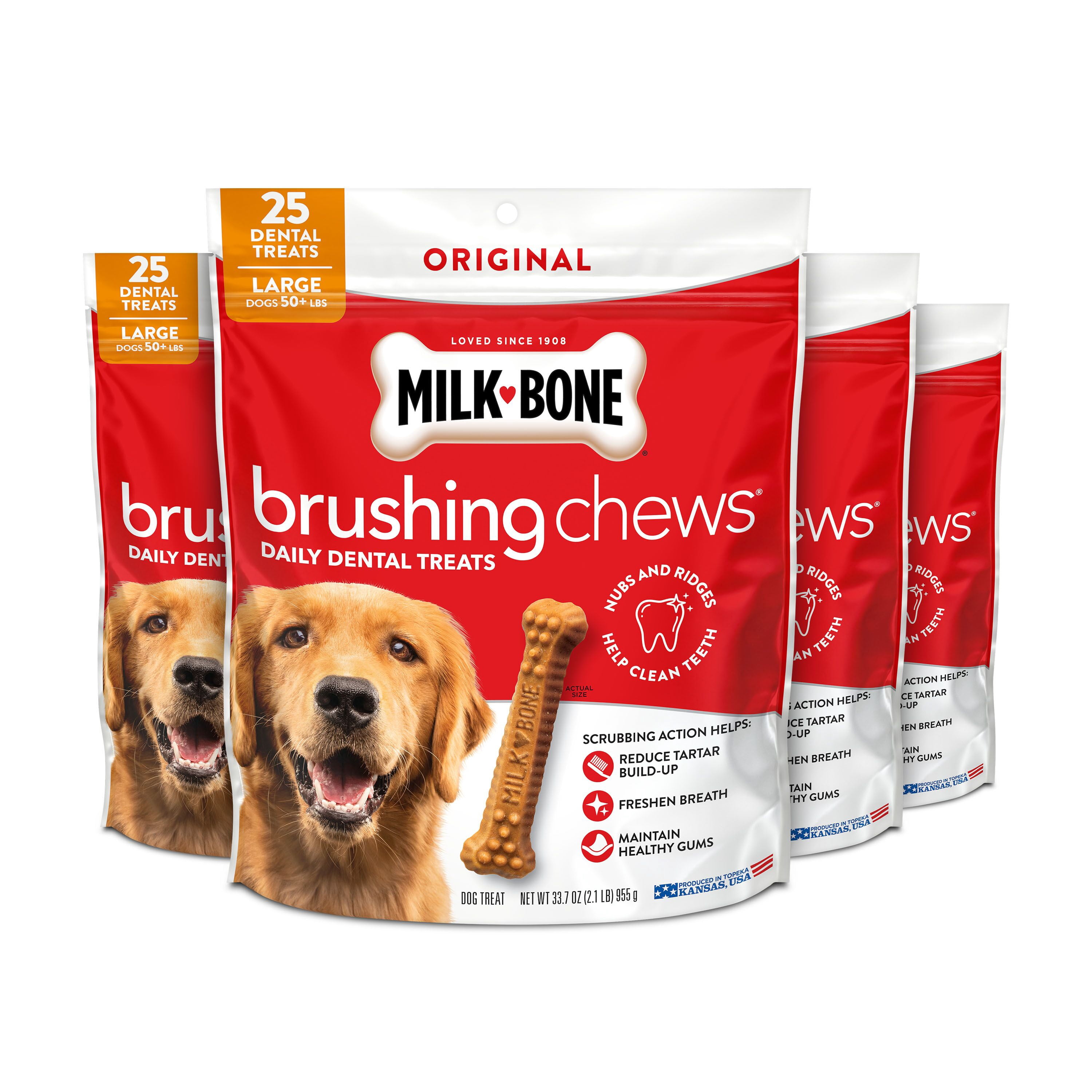 (4 pack) Milk Bone Brushing Chews Original Chicken Flavor Daily Dental Dog Treats, Large, 33.7 oz Bag