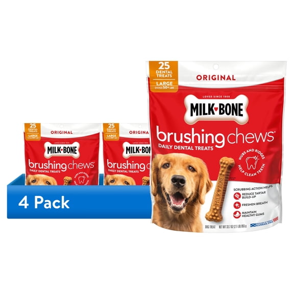 (4 pack) Milk Bone Brushing Chews Original Chicken Flavor Daily Dental Dog Treats, Large, 33.7 oz Bag