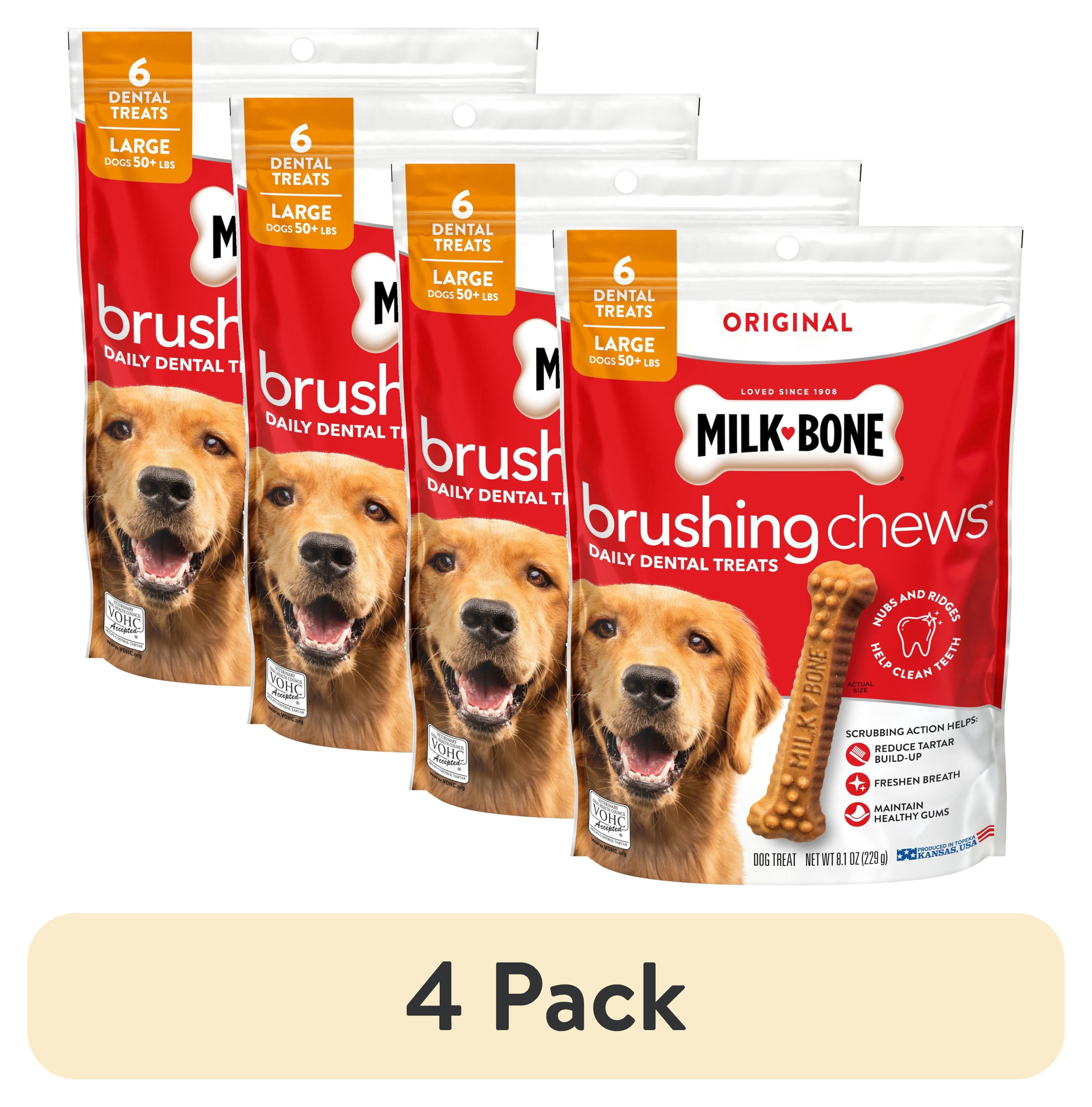 (4 pack) Milk Bone Brushing Chews Original Chicken Flavor Daily Dental Dog Treats, Large, 8.1 Ounce Bag