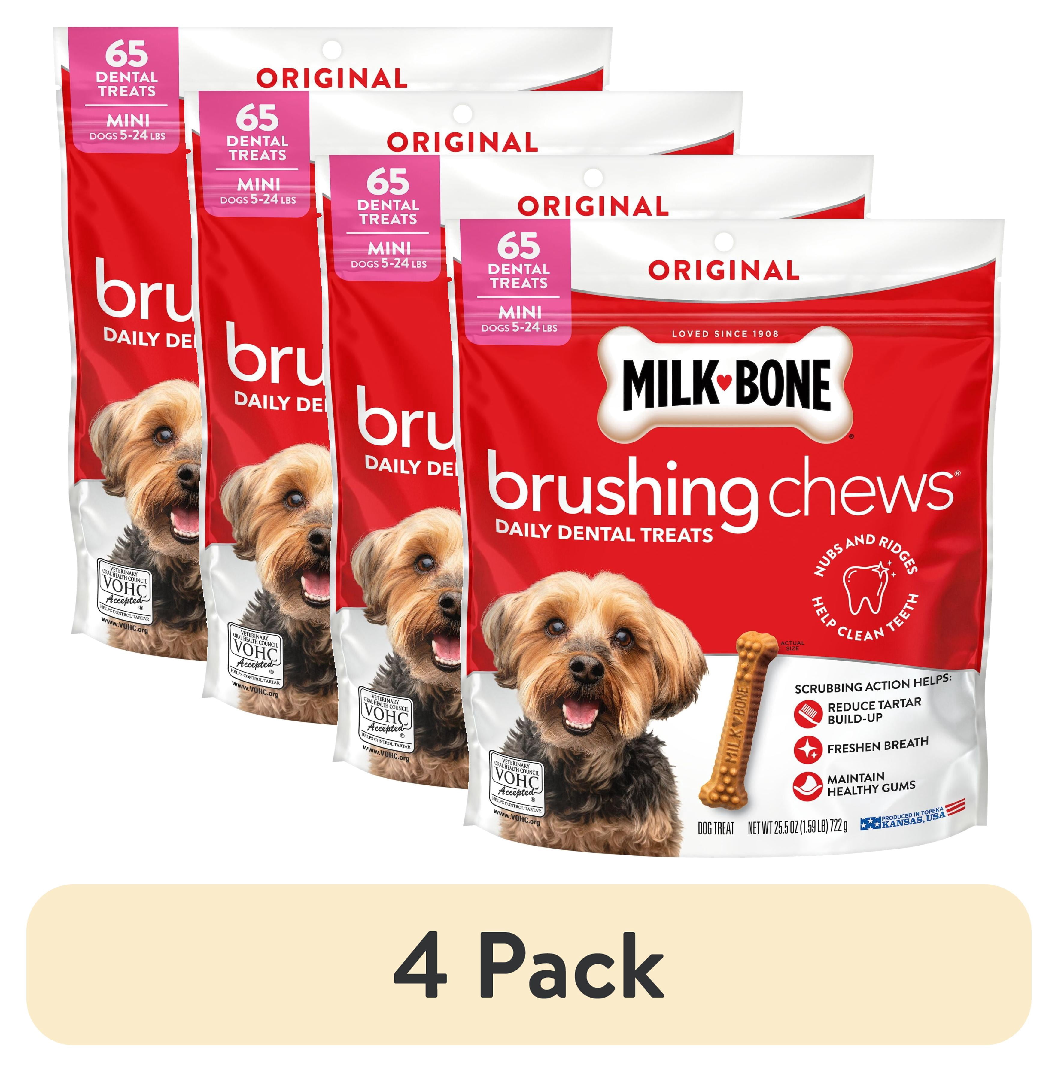 (4 pack) Milk Bone Brushing Chews Original Chicken Flavor Daily Dental Dog Treats, Mini, 25.5 oz Bag