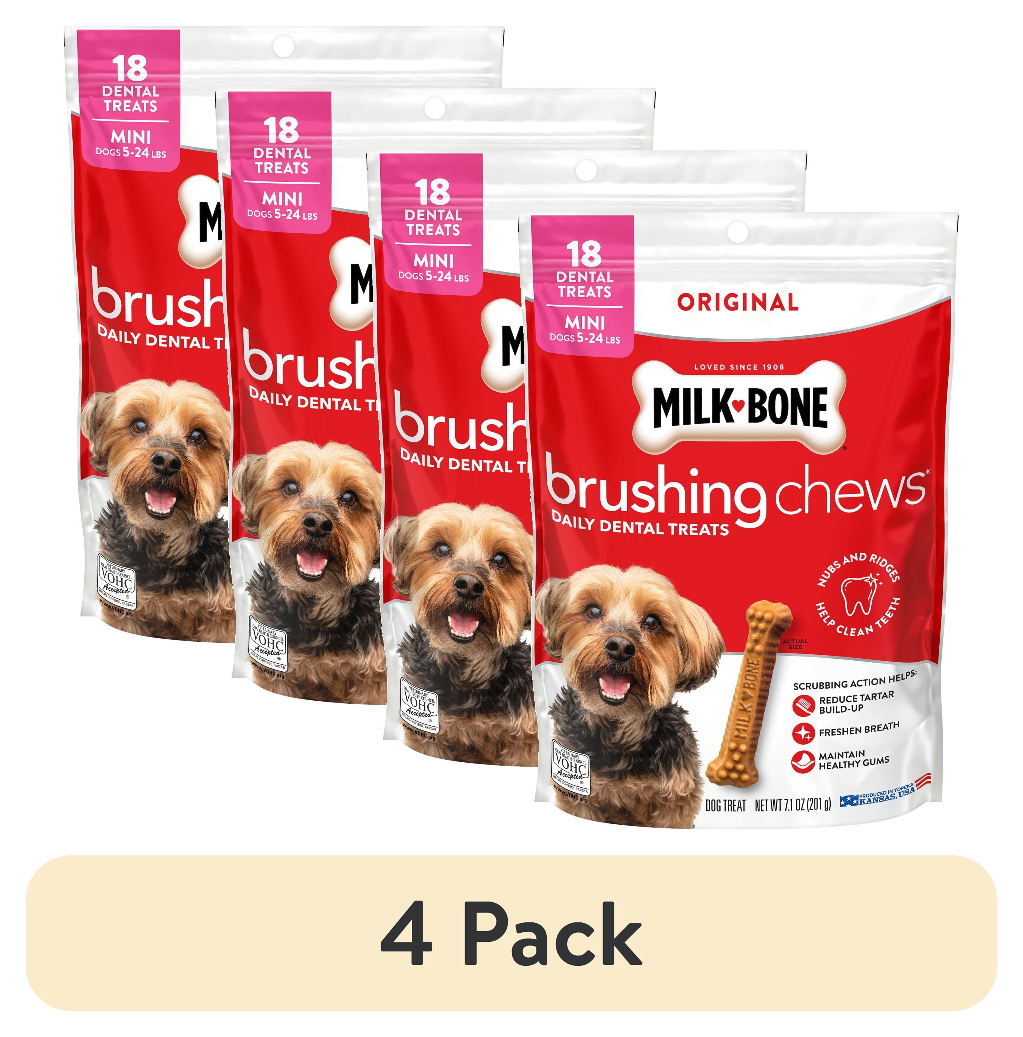 (4 pack) Milk Bone Brushing Chews Original Chicken Flavor Daily Dental Dog Treats, Mini, 7.1 oz Bag