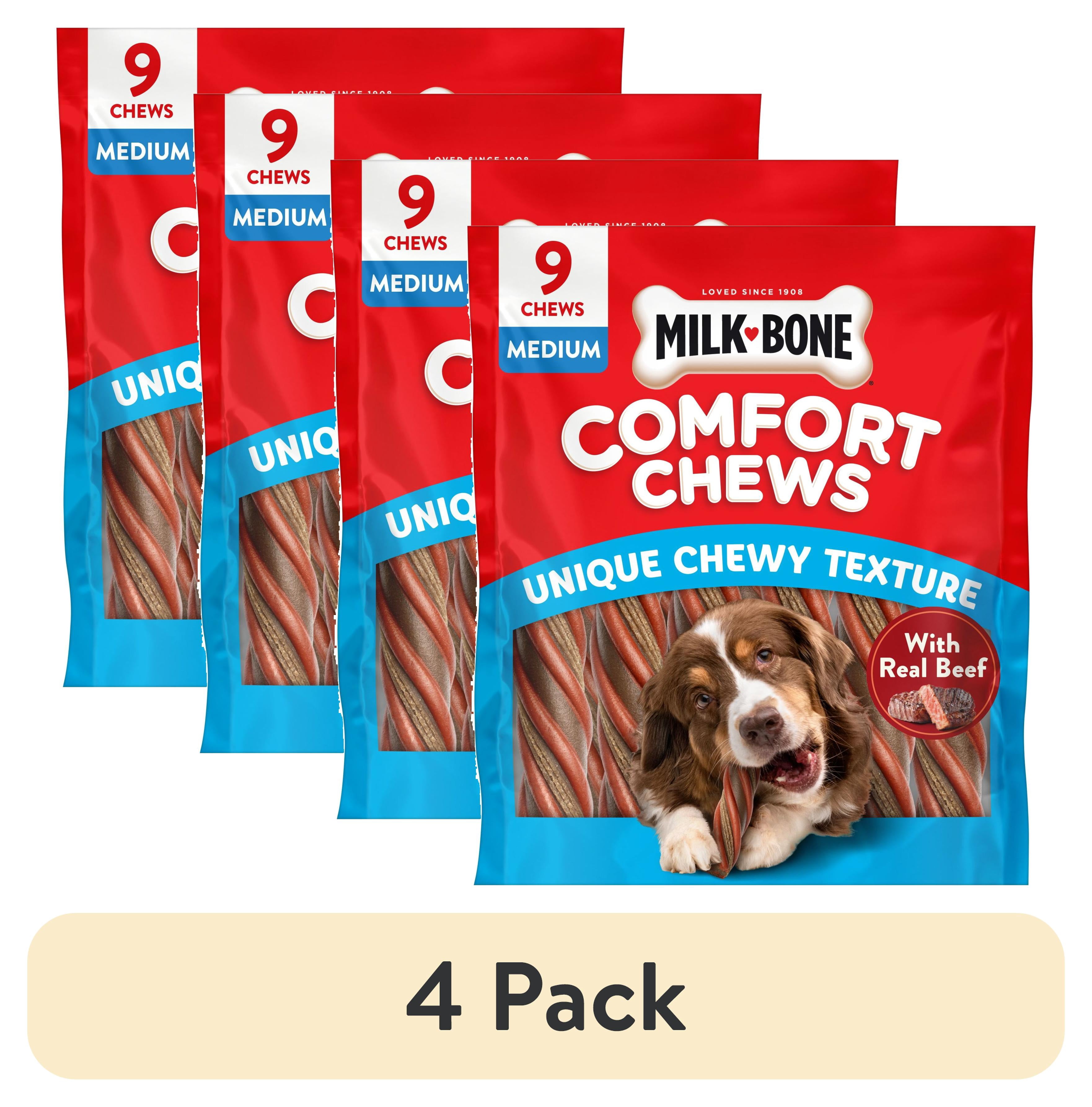 (4 pack) Milk Bone Comfort Chews, Dog Chews with Unique Chewy Texture and Real Beef, 22.2 oz Bag (9 Chews)