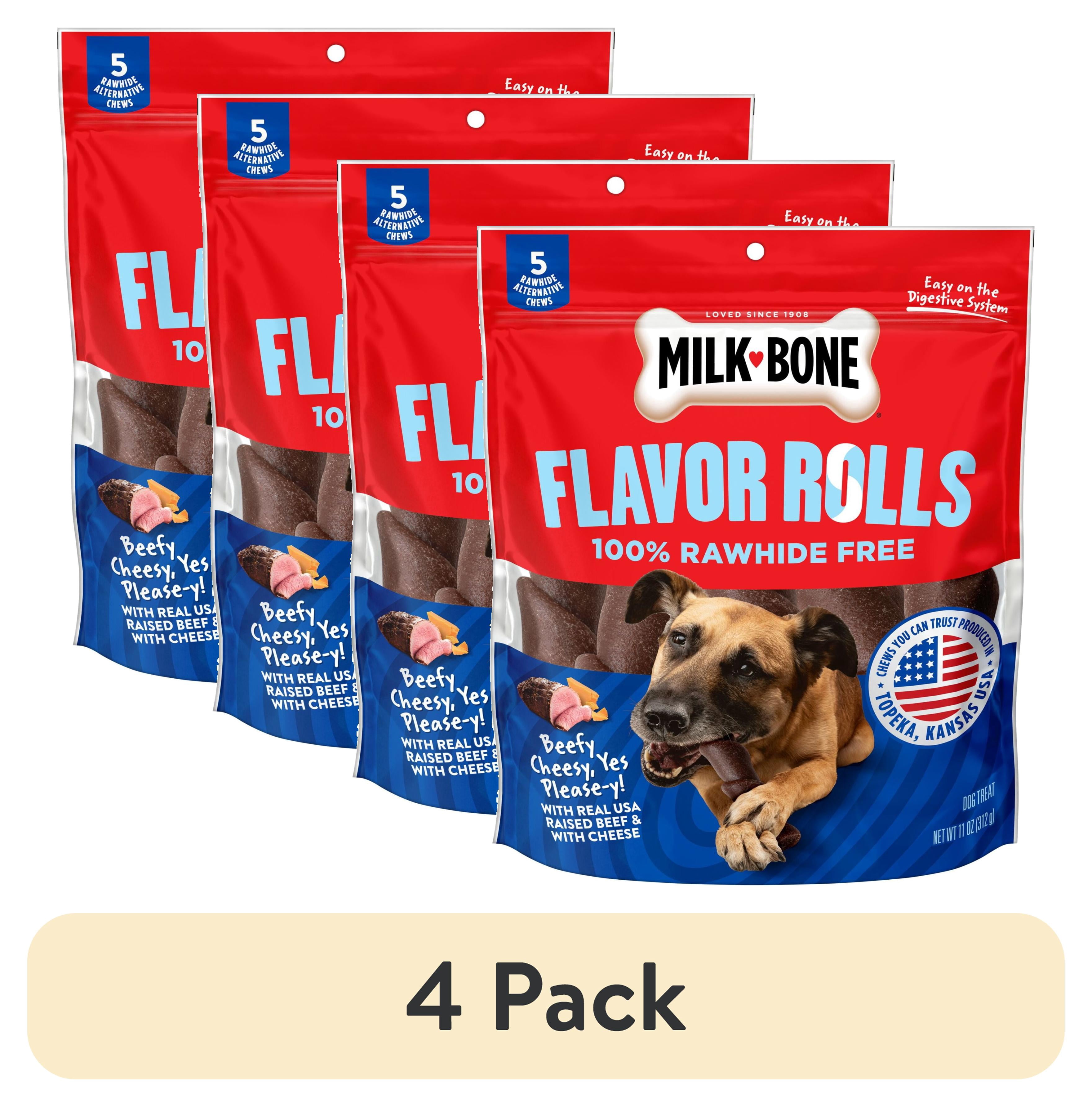 (4 pack) Milk Bone Flavor Rolls Beefy Cheesy, Yes Please y! Rawhide Free Dog Treat With Beef, 5 Count Bag