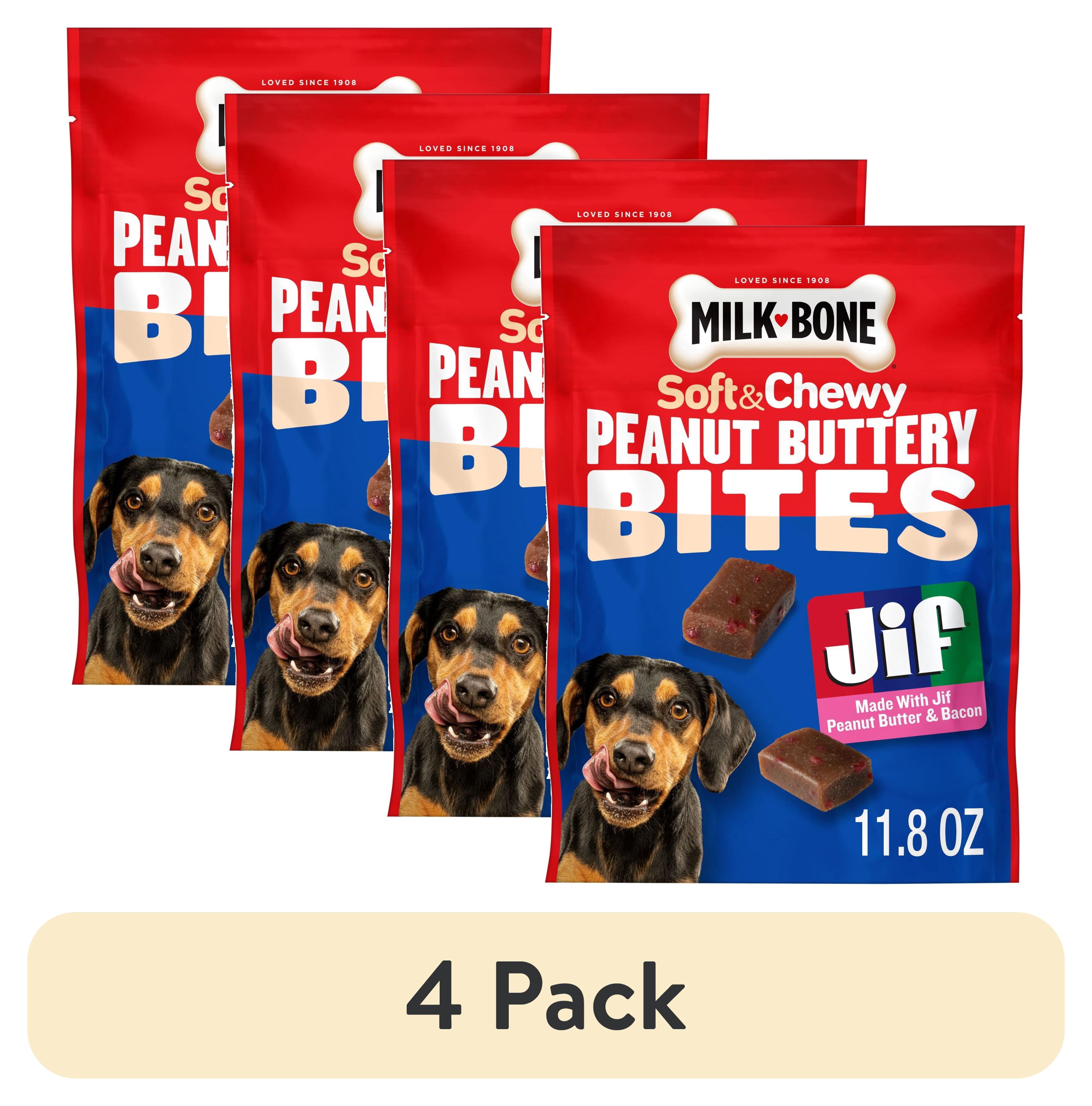 (4 pack) Milk Bone Peanut Buttery Bites, Soft Dog Treats With Jif Peanut Butter & Real Bacon, 11.8 oz Bags