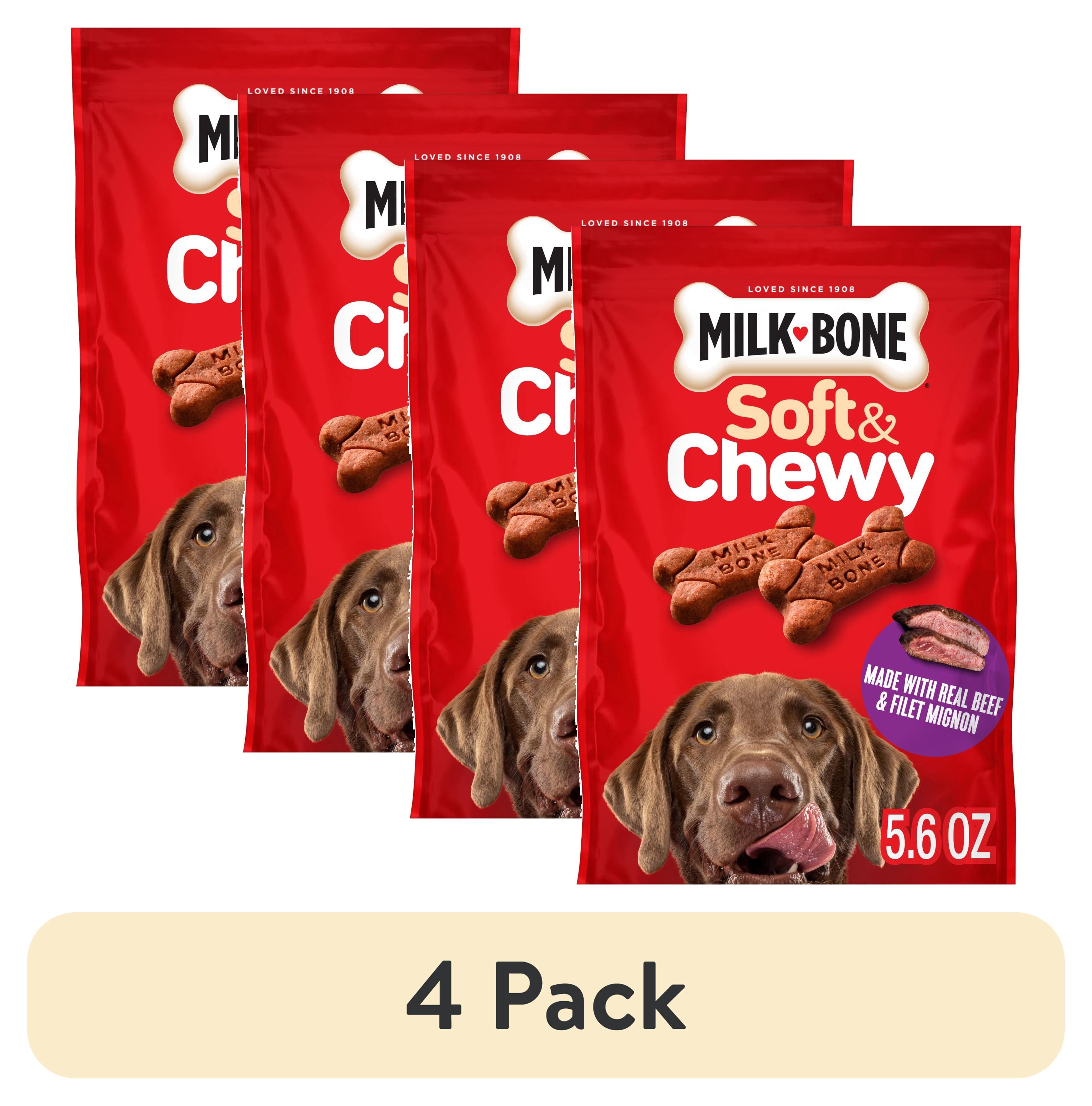 (4 pack) Milk Bone Soft & Chewy Dog Treats, Made with Real Beef & Filet Mignon, 5.6 oz Pouch