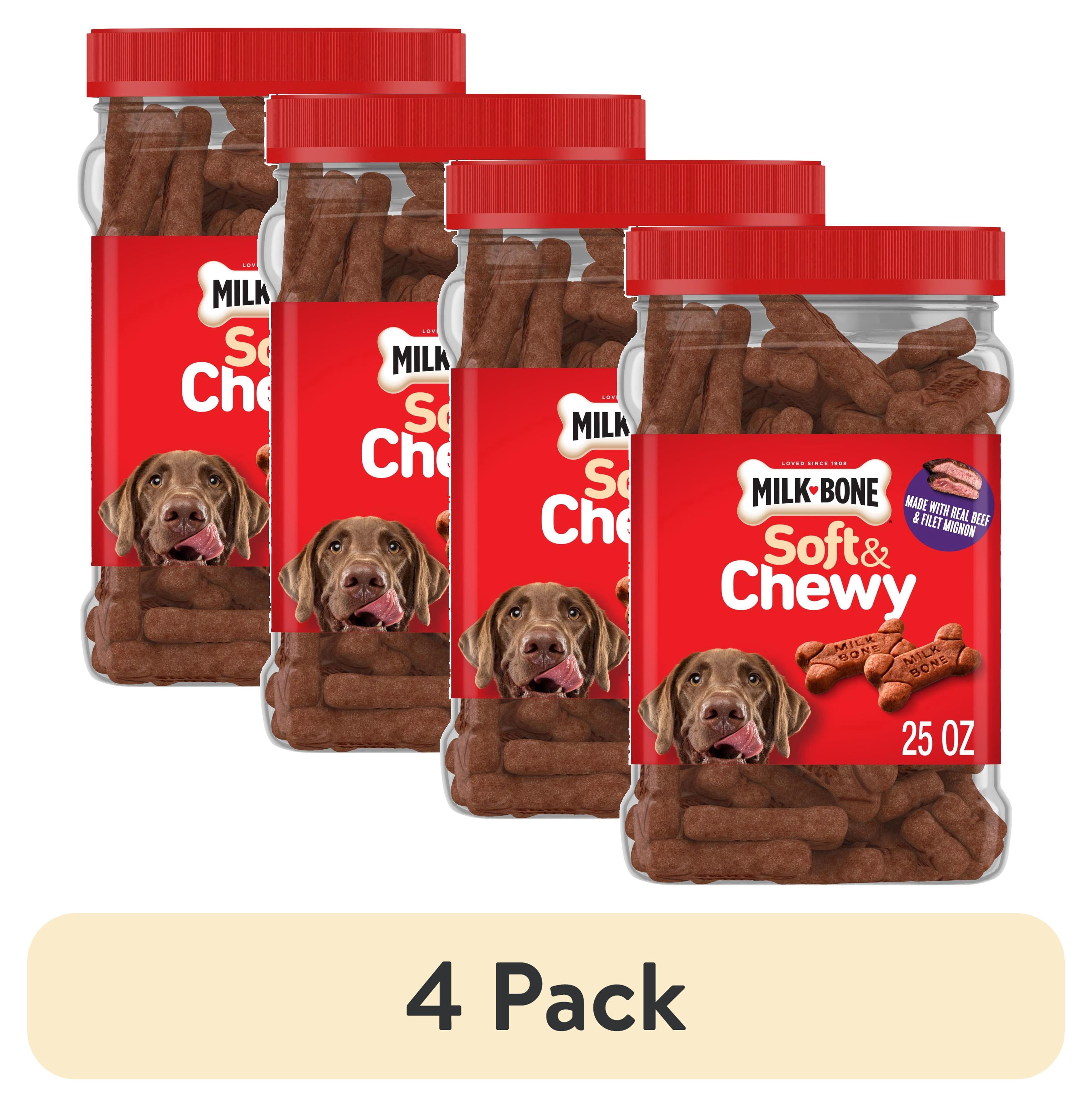 (4 pack) Milk Bone Soft & Chewy Dog Treats, Made with Real Beef & Filet Mignon, 25 oz Canister