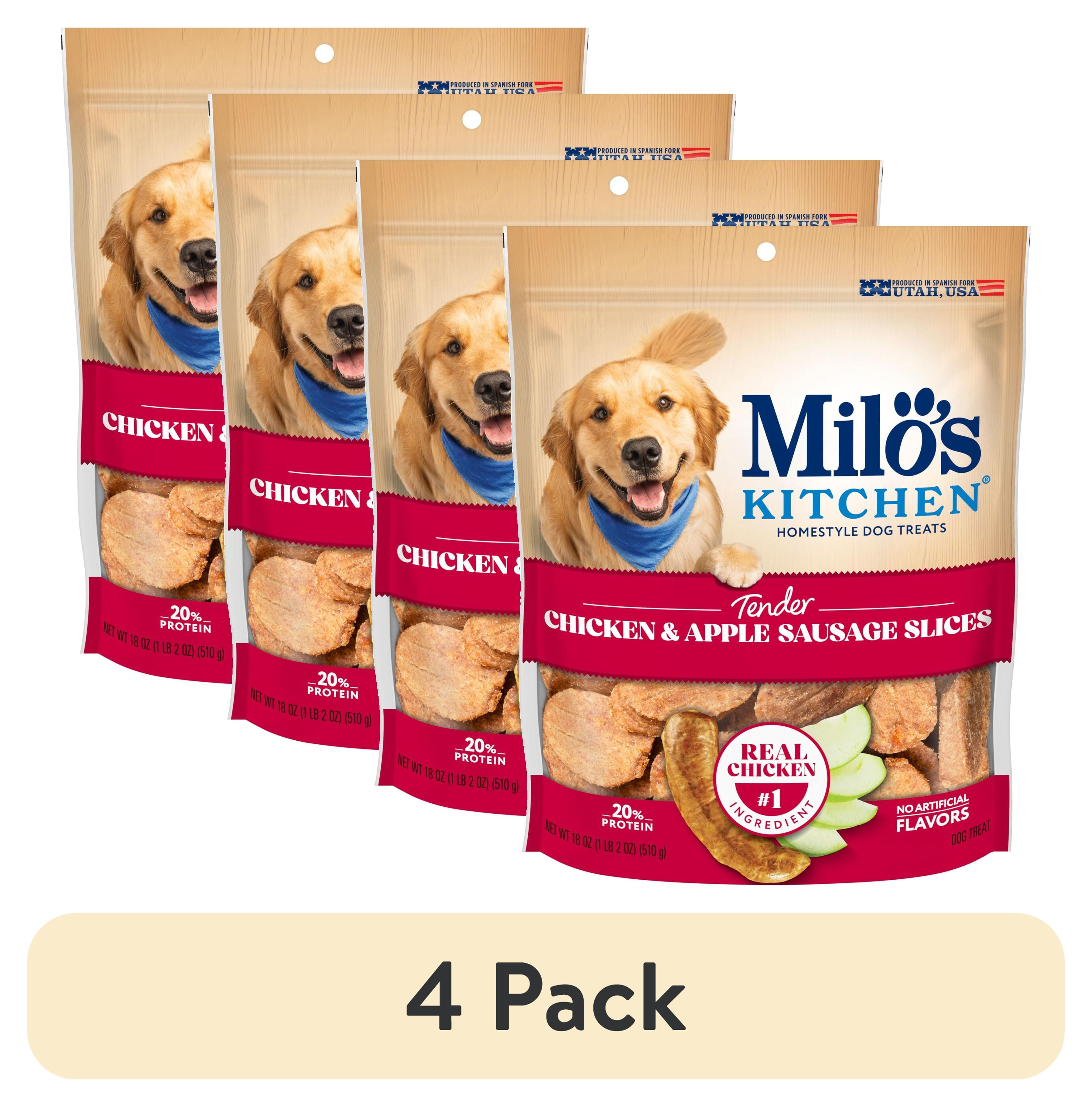 (4 pack) Milo’s Kitchen Chicken & Apple Sausage Slices Dog Treats, 18 oz Bag