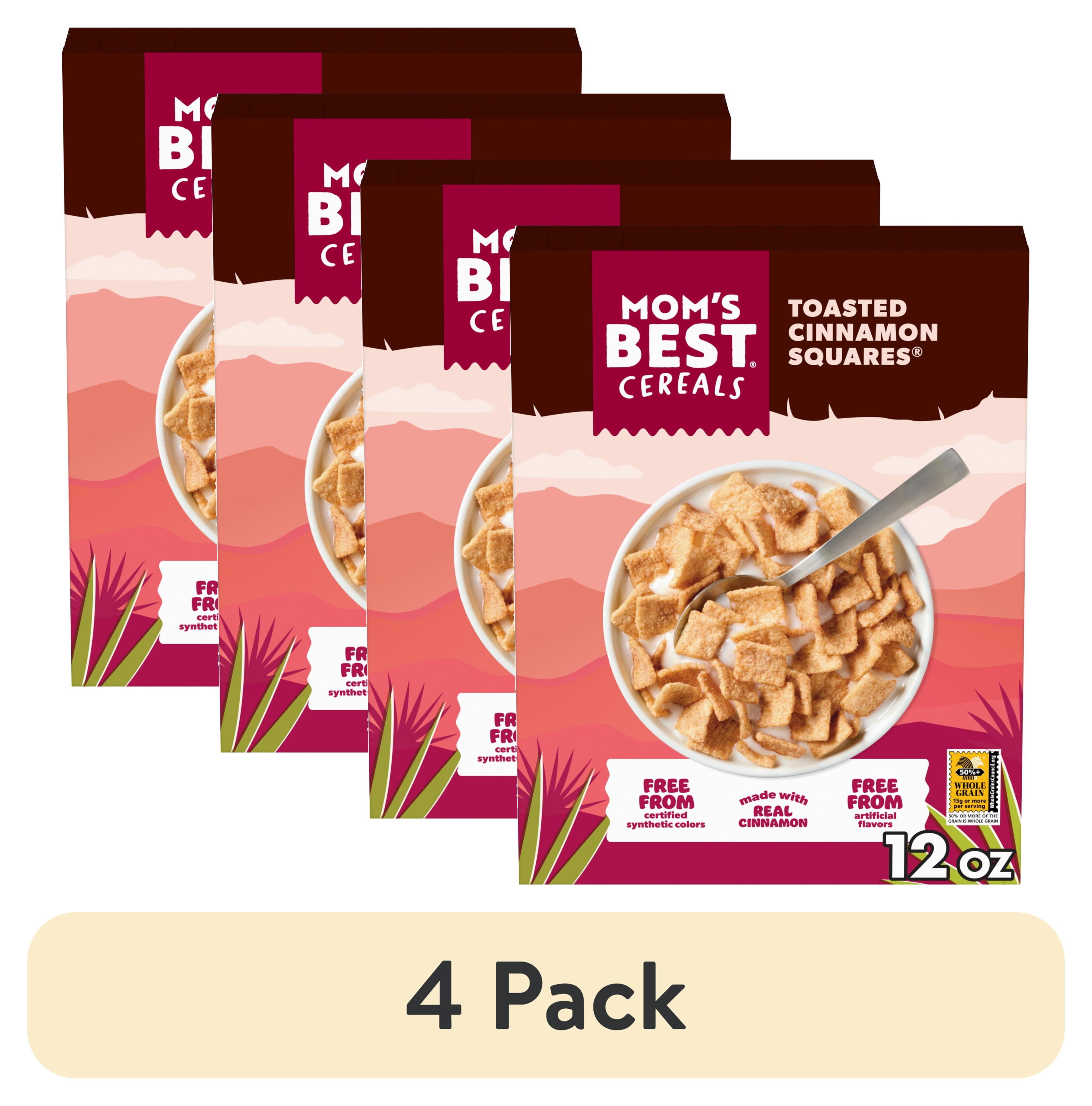 (4 pack) Mom's Best Toasted Cinnamon Squares Cereal, Cinnamon Cereal, 12 OZ Box