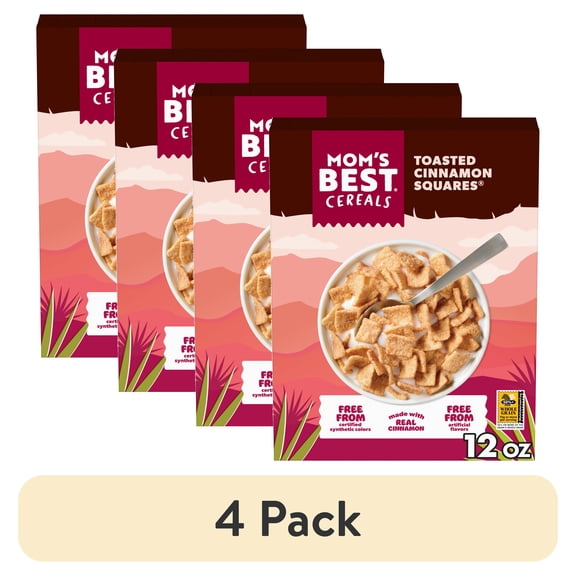 (4 pack) Mom's Best Toasted Cinnamon Squares Cereal, Cinnamon Cereal, 12 OZ Box