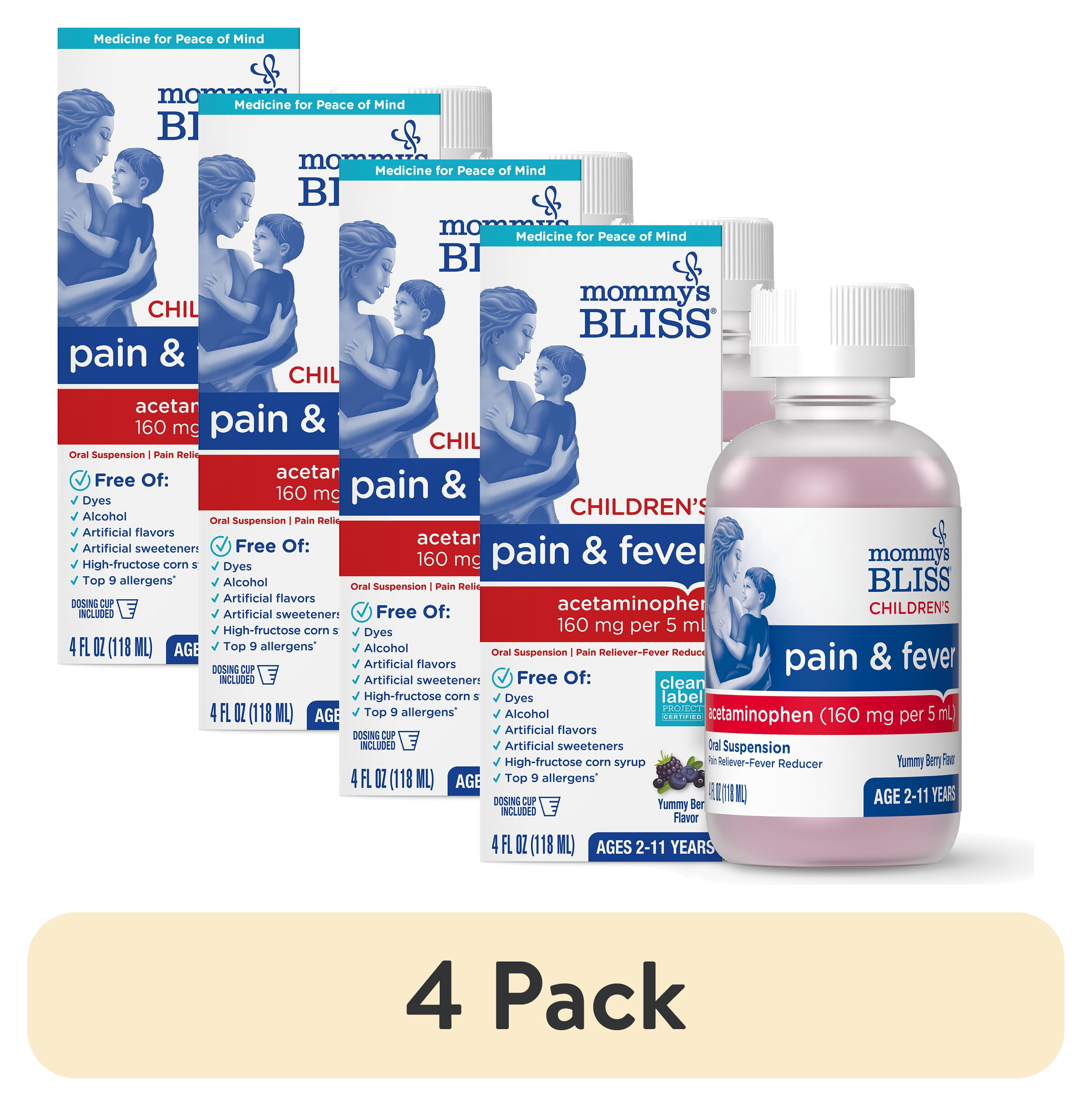 (4 pack) Mommy's Bliss Children's Pain & Fever Relief Liquid, Acetaminophen, Berry Flavor, Over-the-Counter, 4 fl oz