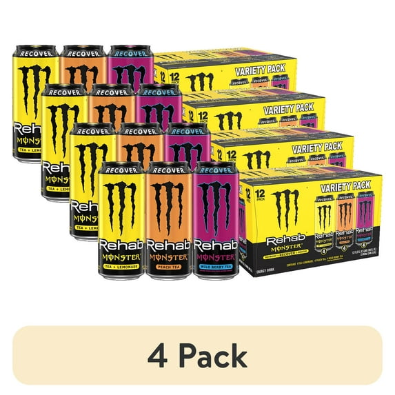 (4 pack) Monster Rehab Variety Pack, Lemon, Peach, Wild Berry Tea, 12 Count, 15.5 fl oz