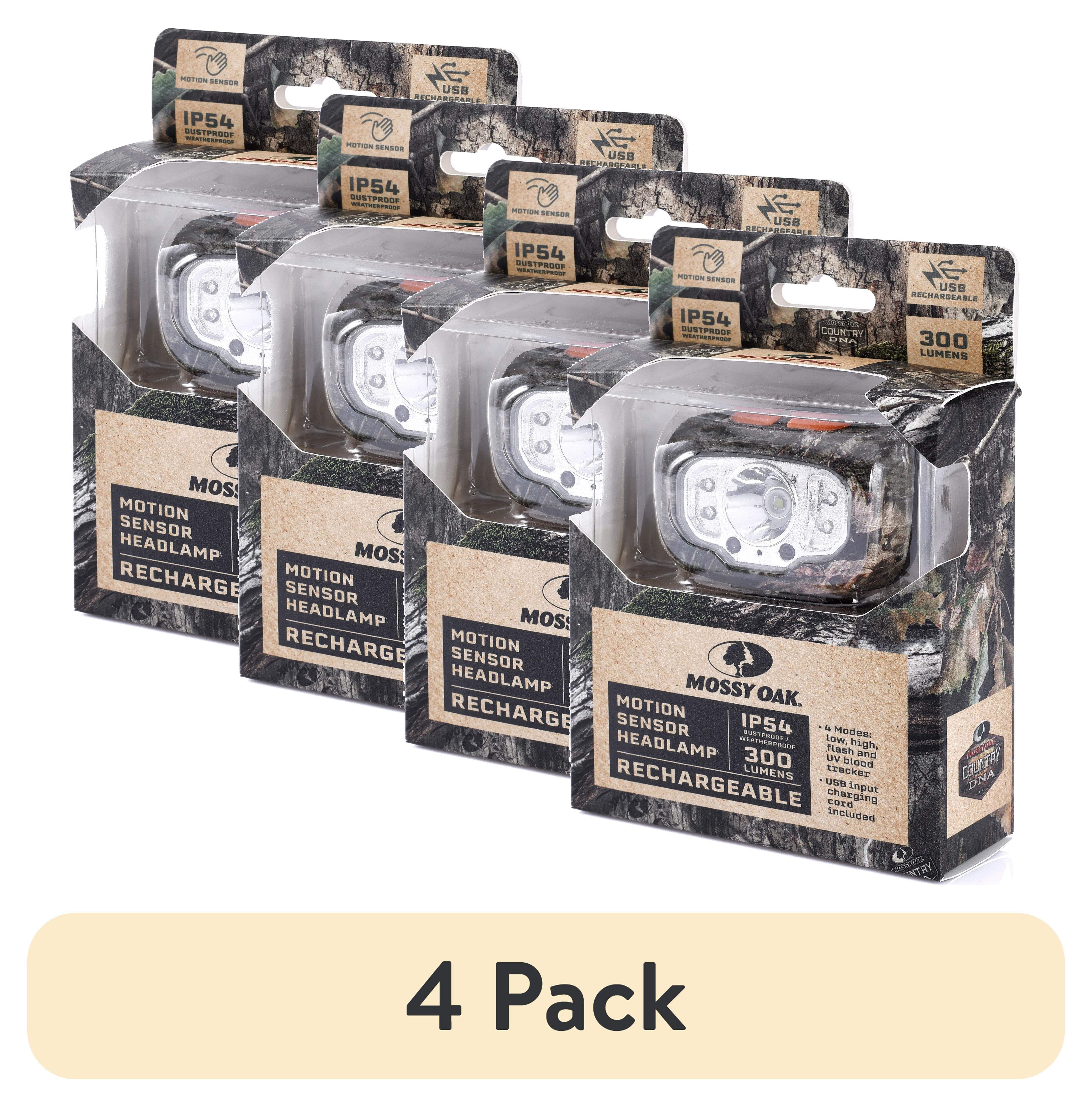(4 pack) Mossy Oak Camo 300 Lumen Rechargeable Hunting Headlamp, Motion Sensor, UV Blood Tracker