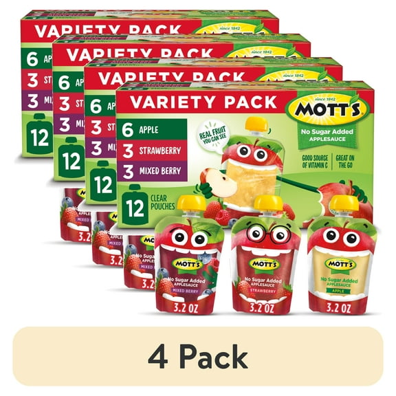 (4 pack) Mott's No Sugar Added Applesauce Variety Pack, 3.2 oz, 12 Count Clear Pouches