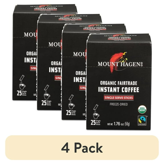 (4 pack) Mount Hagen Organic Fairtrade Instant Coffee, 25 Single Serve Sticks