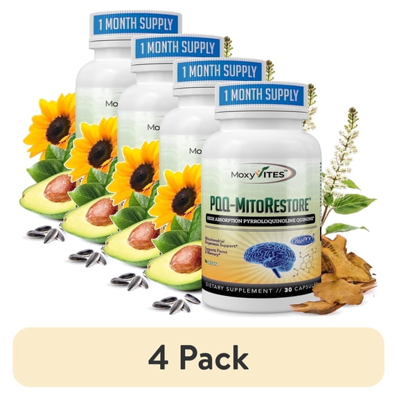 (4 pack) MoxyVites PQQ-MITORESTORE® 20mg + Vitamin D3 25 mcg, Naturally Fermented BioPQQ®, Pyrroloquinoline Quinone Supplement - Cognitive Support, 30 Capsules