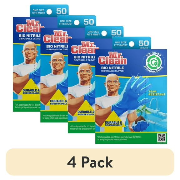(4 pack) Mr. Clean 50-Count Nitrile Biodegradable Disposable Gloves, One Size Fits Most