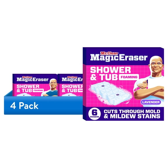 (4 pack) (4 pack) Mr. Clean Magic Eraser Sponge, Bathroom Cleaner, Soap Scum Shower & Tub Cleaner, Lavender, 6ct