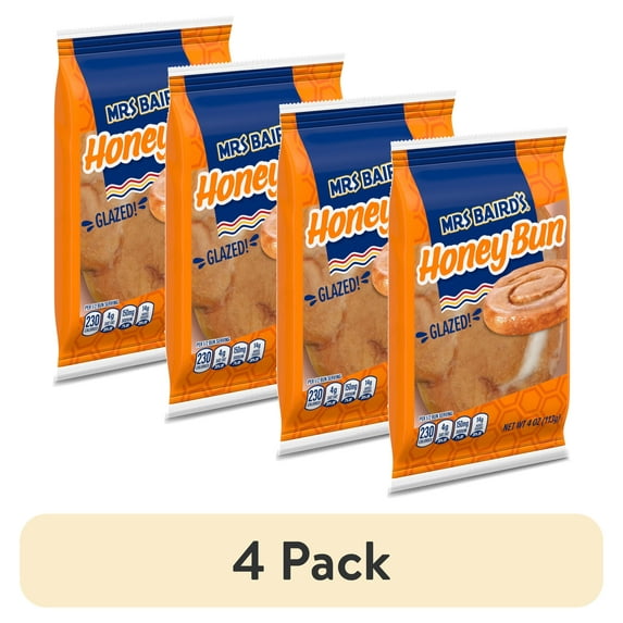 (4 pack) Mrs Baird's Glazed Honey Bun, 4 oz, Pastries, Bag