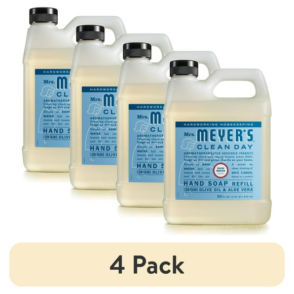 (4 pack) Mrs. Meyer's Clean Day Liquid Hand Soap Refill with Olive Oil and Aloe Vera, Rain Water Scent, 33 oz