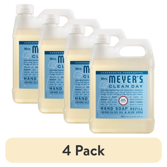 (4 pack) Mrs. Meyer's Clean Day Hand Soap Refill, Rain Water Scent, 33 Fl Oz Bottle