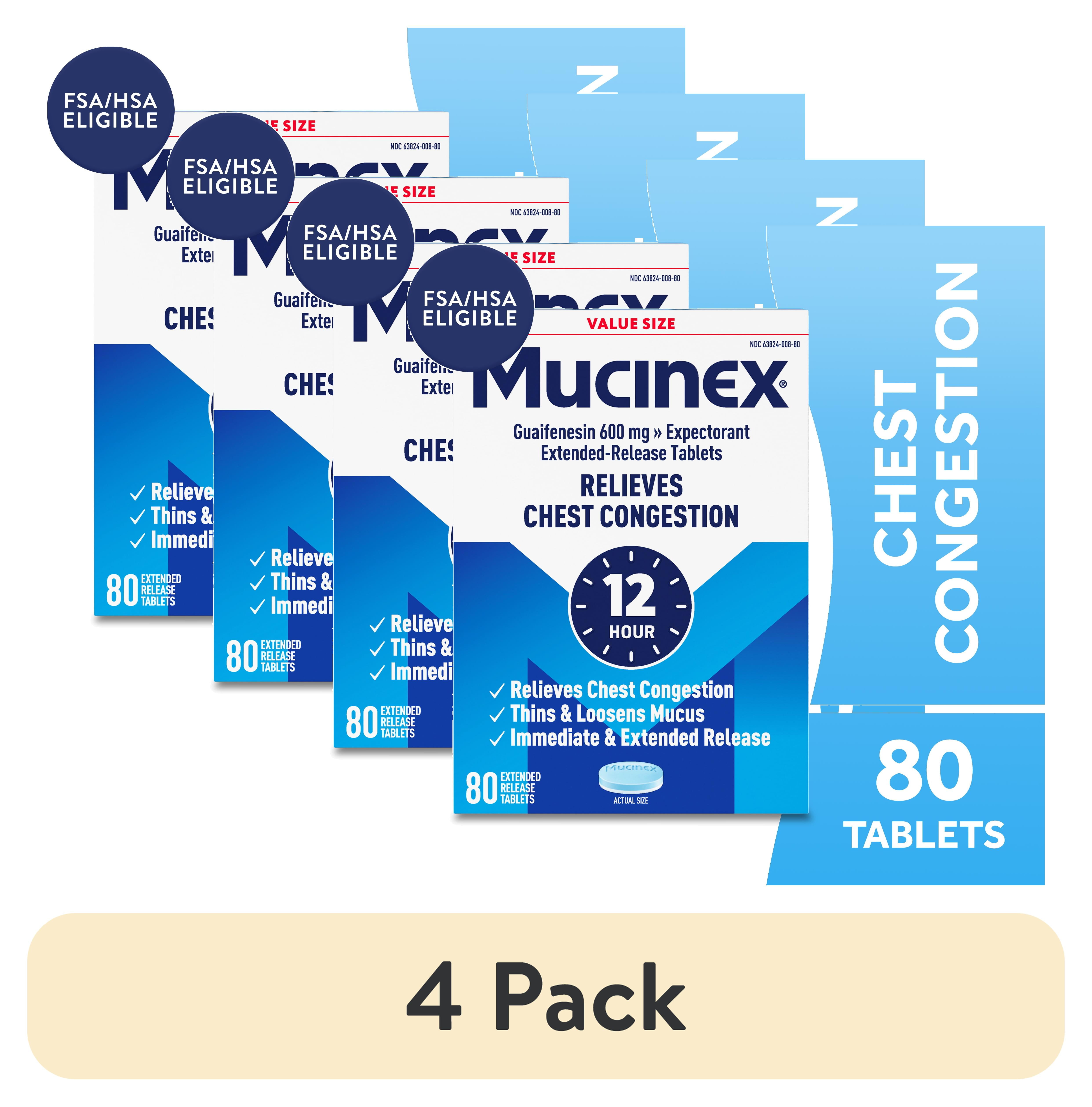 (4 pack) Mucinex 12 Hour Expectorant, OTC Medicine for Excess Mucus Relief, Chest Congestion, FSA, 80 Tablets