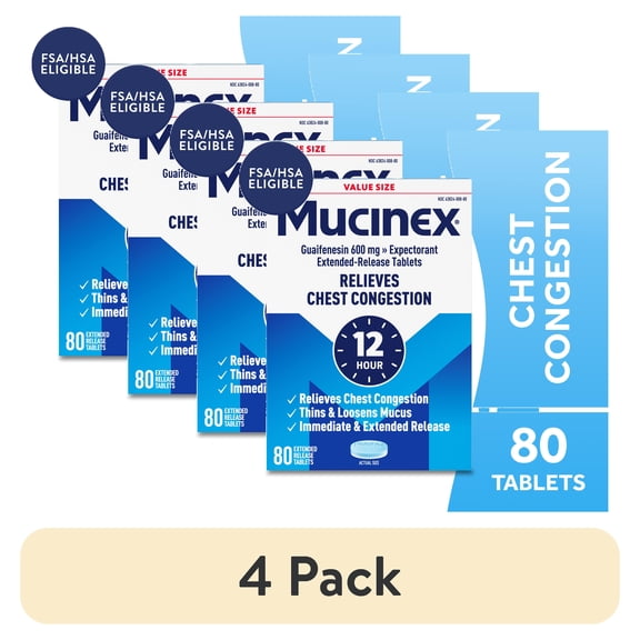 (4 pack) Mucinex 12 Hour Expectorant, OTC Medicine for Excess Mucus Relief, Chest Congestion, FSA, 80 Tablets