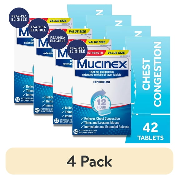 (4 pack) Mucinex 12 Hour Max Strength Expectorant, OTC Medicine for Excess Mucus Relief, FSA/HSA, 42 Tablets