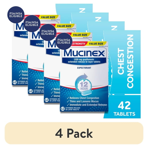 (4 pack) Mucinex Maximum Strength 12 Hour Extended Release Tablets for Chest Congestion, 1200 mg, 42 Count