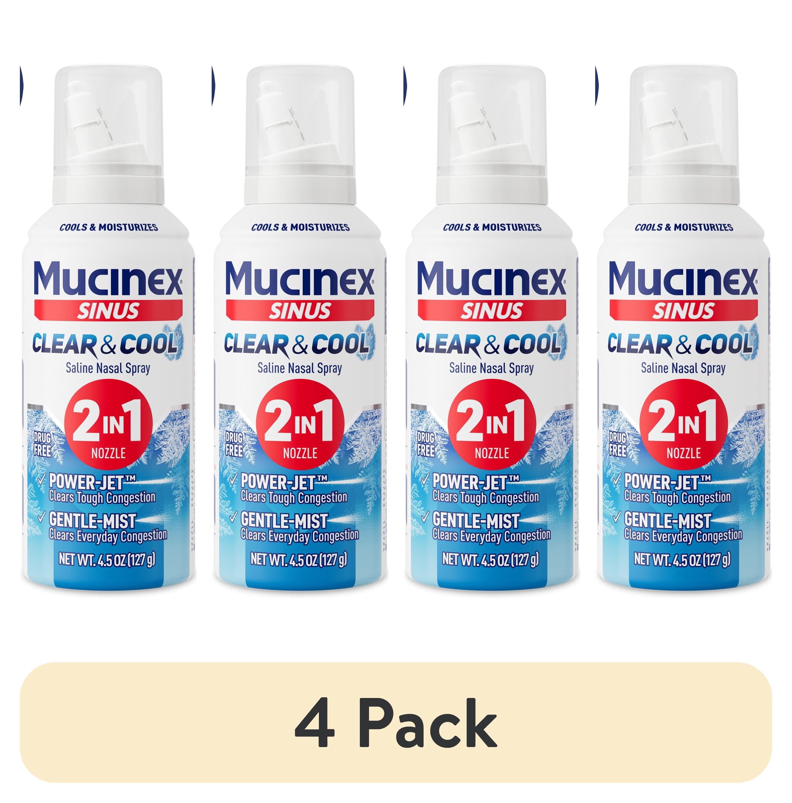 (4 pack) Mucinex Sinus Clear and Cool Saline Nasal Spray with Aloe and Menthol, Drug-Free Non-Drowsy Nasal Rinse with Jet and Mist Nozzle, 4.5 oz