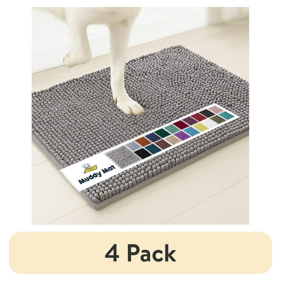 (4 pack) Muddy Mat® SHOWN ON TV Highly Absorbent Microfiber Door Mat and Pet Rug Non Slip Thick Washable Area and Bath Mat Soft Chenille for Kitchen Bathroom Bedroom Indoor and Outdoor - Grey Medium 30"X19"