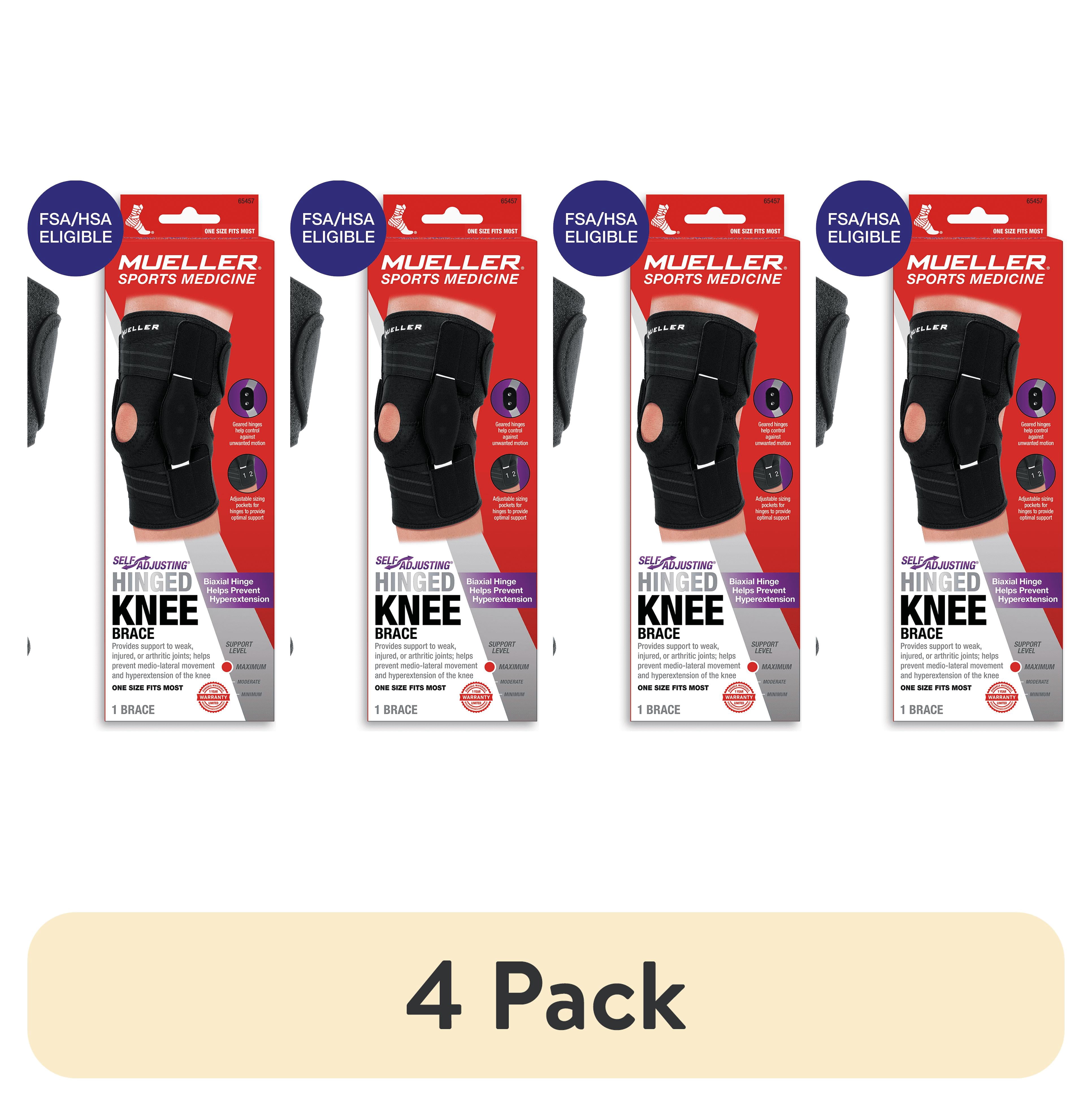 (4 pack) Mueller Adjustable Hinged Knee Brace, Black, One Size Fits Most