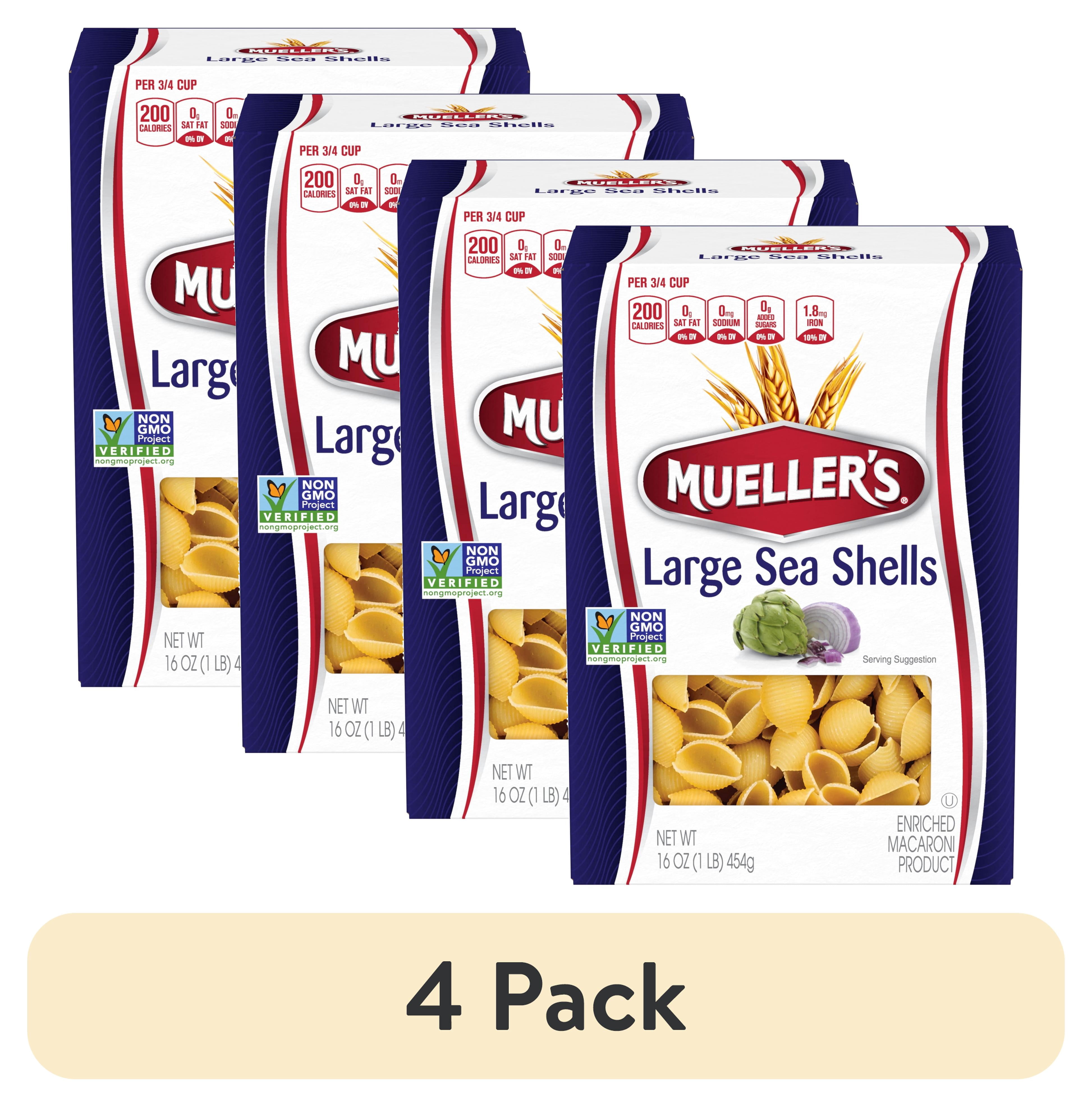 (4 pack) Mueller's Sodium-Free, Cholesterol-Free Large Sea Shells Pasta, 16 oz (Shelf-Stable)