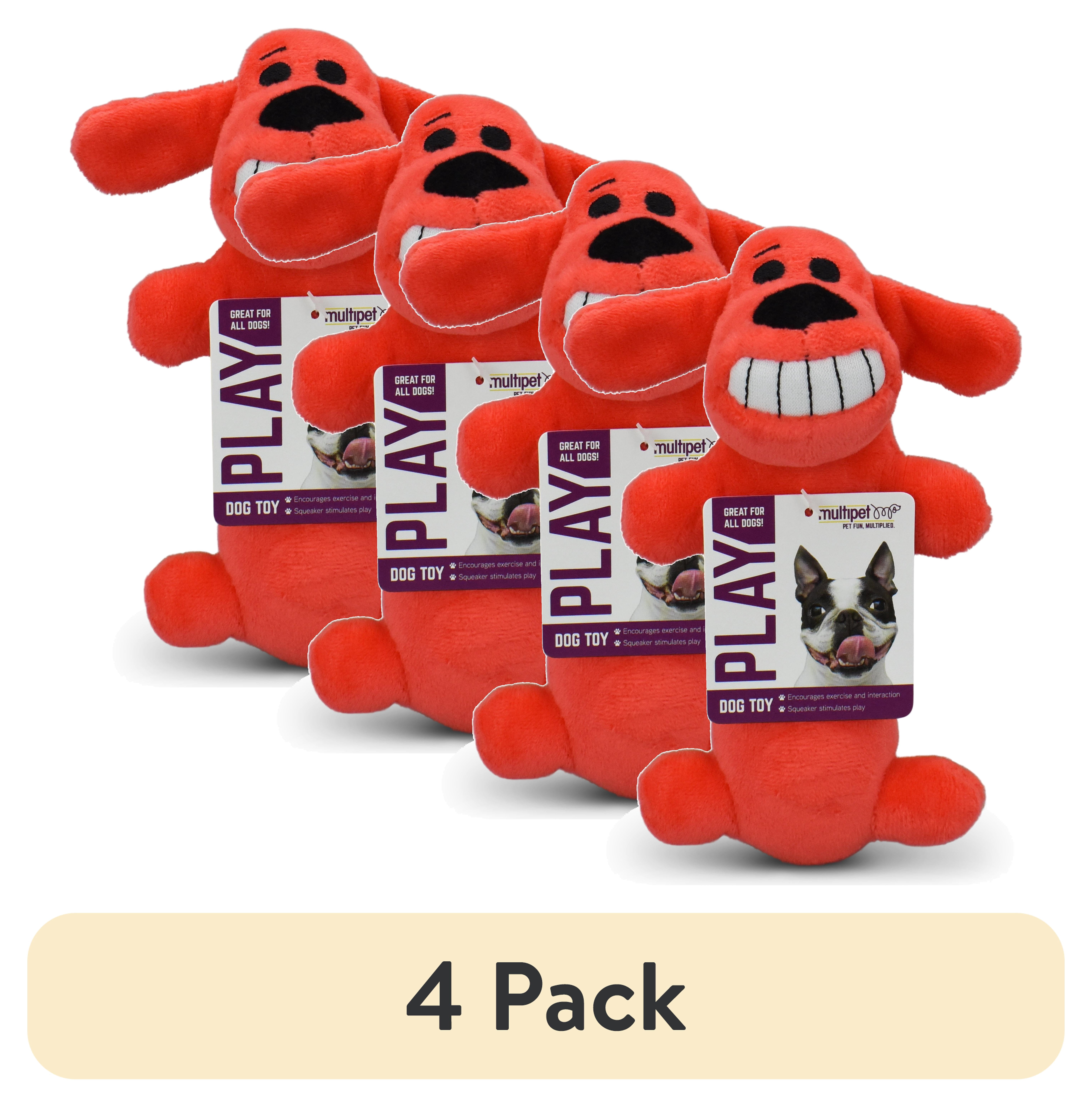 (4 pack) Multipet Smiling Loofa Plush Dog Toy with Squeaker, 6 inch