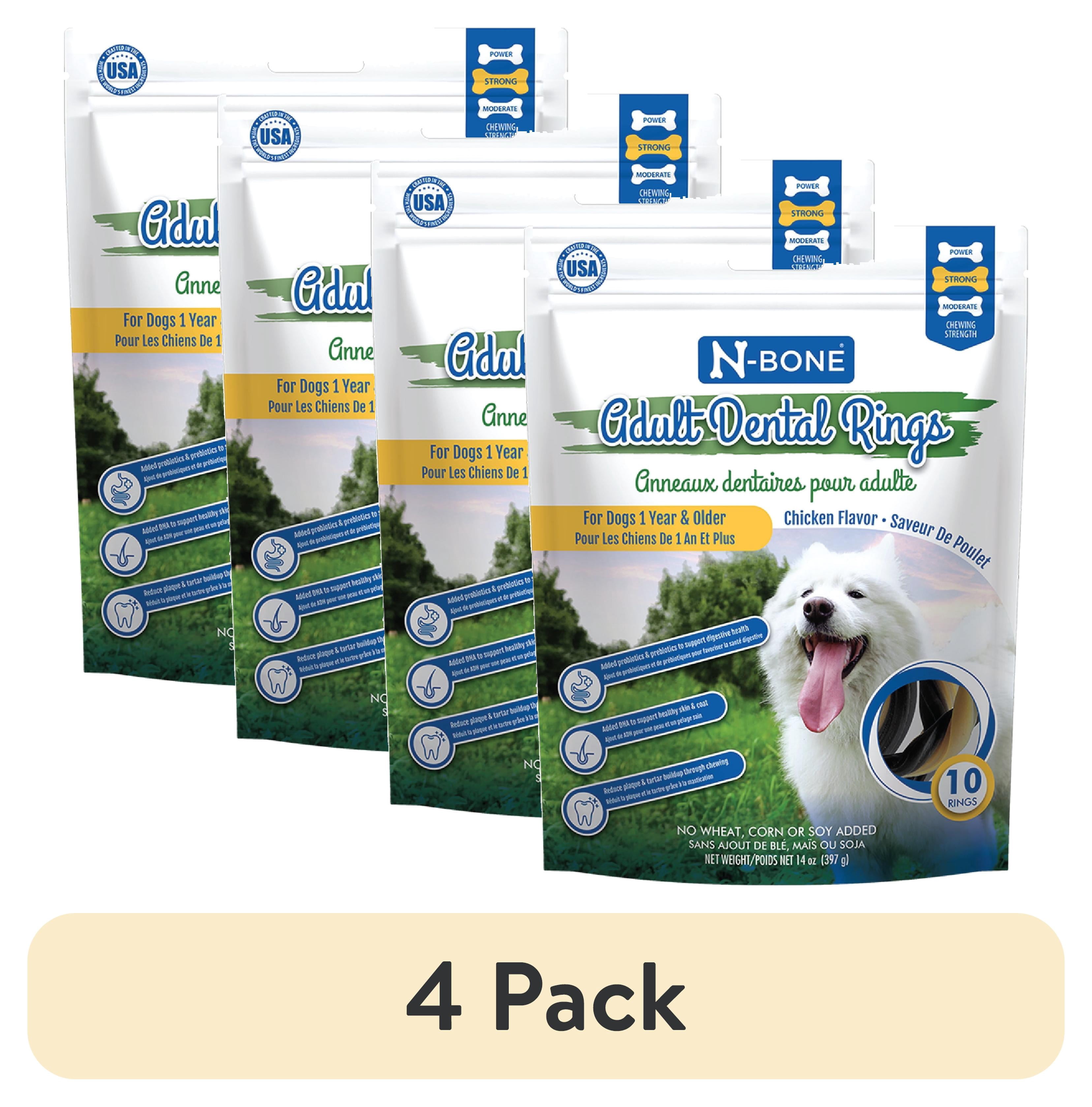 (4 pack) N-Bone® Adult Dental Rings, Dried Dental Chews with DHA and Natural Herbs for Dogs, Chicken Flavor, 10 Rings, 14oz, Dual Action Dental Treats with Breath Freshening and Oral Health Benefits